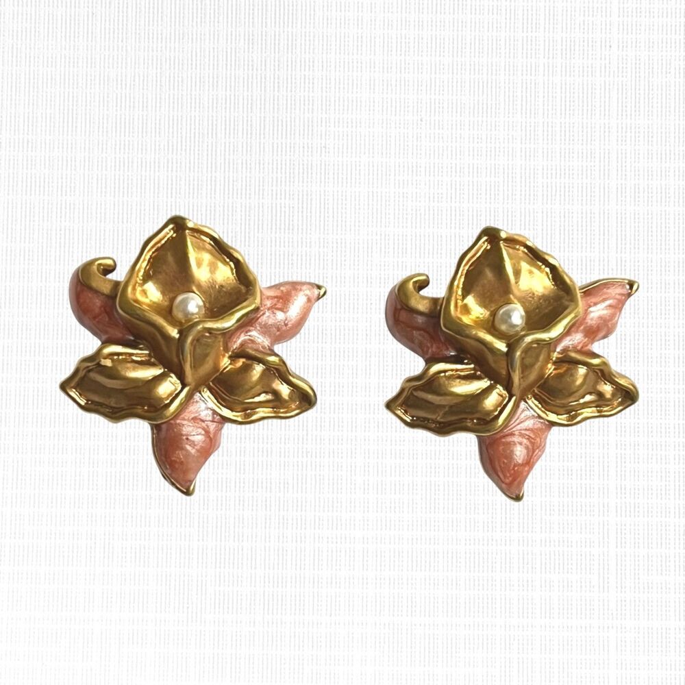 VTG Avon Orchid Studs Earrings Gold Tone Flower Pink Enamel Faux Pearl Pierced